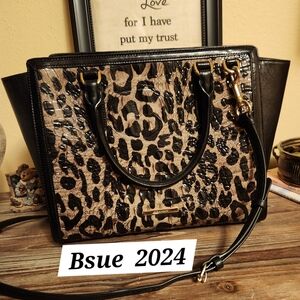❣️Elegant Brahmin Aubree Snow Leopard Print Croco Embossed Leather Satchel  NWT
